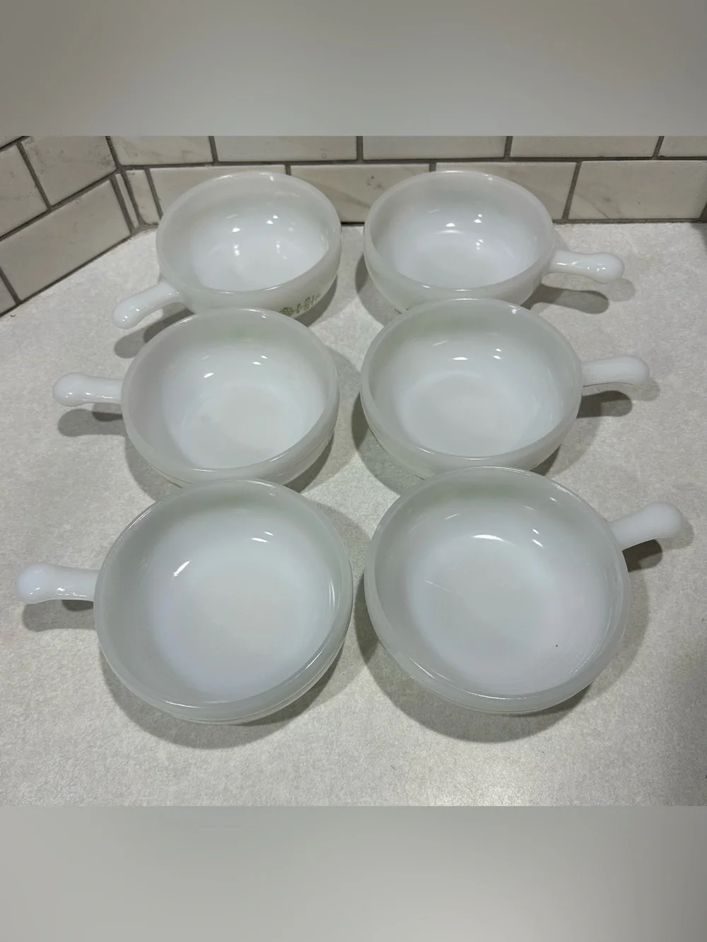 6 -Glasbake Milk Glass Handled Soup Bowl Green Daisy Floral J-2639 MCM USA VTG